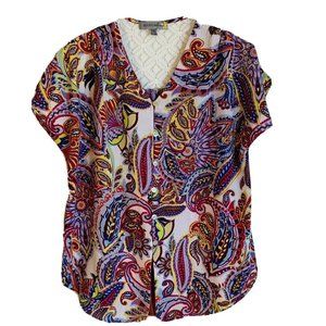 Figueroa & Flower Womens Boho Paisley Top Size PXL Retro Stripes Lace Button Up